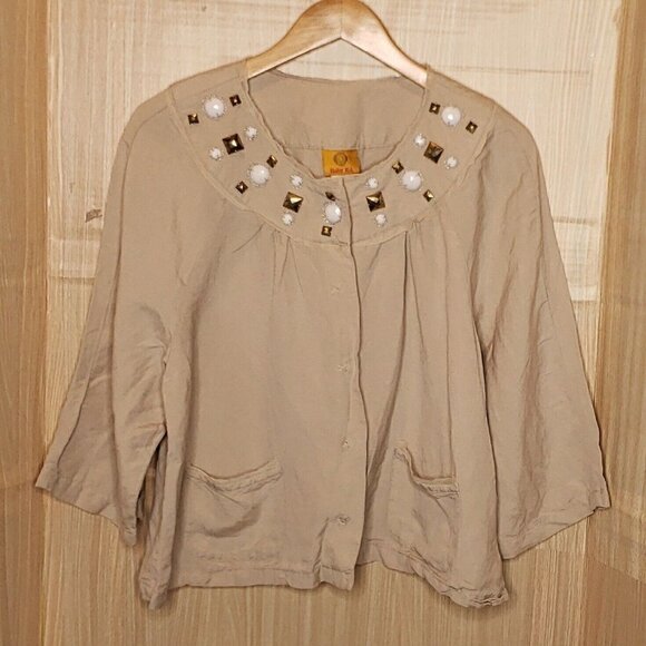 Ruby Rd Womens Plus Short Sleeve Lagan Linen Blend Beaded Jacket 16 - Picture 1 of 8